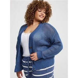 Torrid Blue Open Knit Cardigan Womens Size 1 Button Front Lightweight